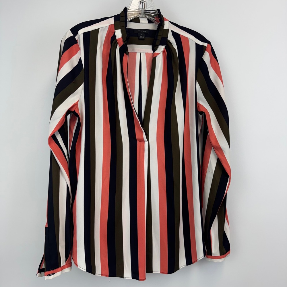 Ann Taylor Blouse‎ Women Small Multicolor Striped V Neck Long Sleeve Work